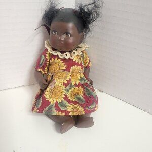 Vintage Small Grace Putnam Porcelain Black Baby Doll in Floral Sunflower Dress &